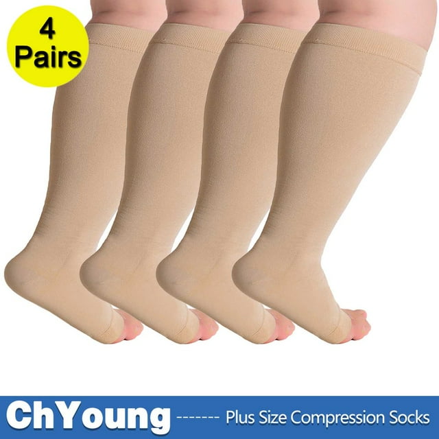 CNKOO 2Pack 4XL Toeless Compression Socks Unisex Extra Wide Calf Open Toe Support Circulation 20-30 mmHg Knee High for Fatigue Pain Leg Swelling Soothing Comfy Gradient Support Prevents E
