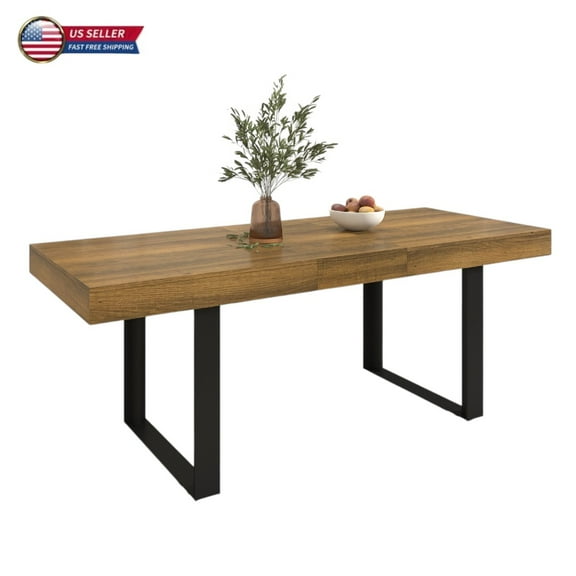 GZXS 63-79 Inch Extendable Dining Table, Industrial Rectangle Kitchen Table with Aged Wood-Look Tabletop with Black Metal Legs, for 6-10 People Gathering or Family Meals