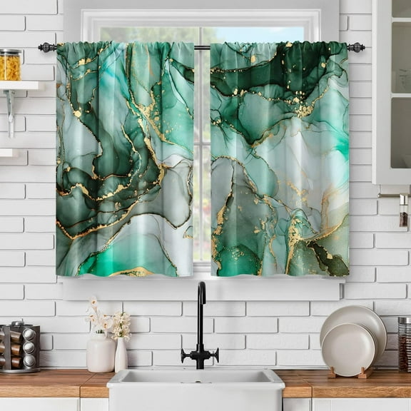 Marble Kitchen Curtains - Abstract Emerald Green Jade Gold Decor Luxury Stone Texture Modern Short Curtains Drapes for Dining Room Rod Pocket Window Drapes 2 Panels Set, 28"x36"