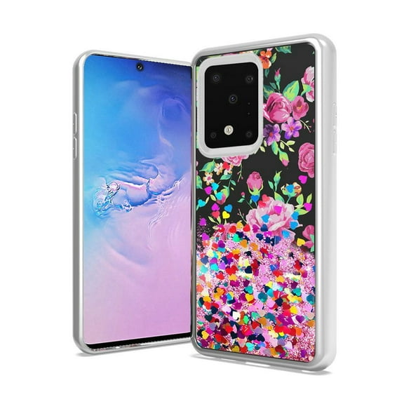 Bemz Samsung Galaxy S20  Plus, 6.7 inch Liquid Case: Chrome TPU Quicksand Waterfall Glitter Cover with Atom Wipe - Rose Flowers
