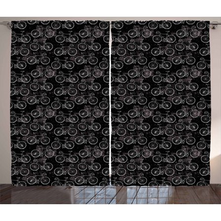 Ambesonne Bicycle Curtains 2 Panel Set, Vintage Bikes Grunge, 108" x 90", Black and White