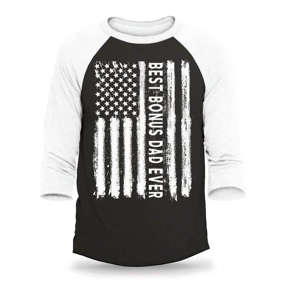 Shop4Ever Men's Best Bonus Dad Ever American Flag Patriotic Raglan Baseball Shirt Small Black/White