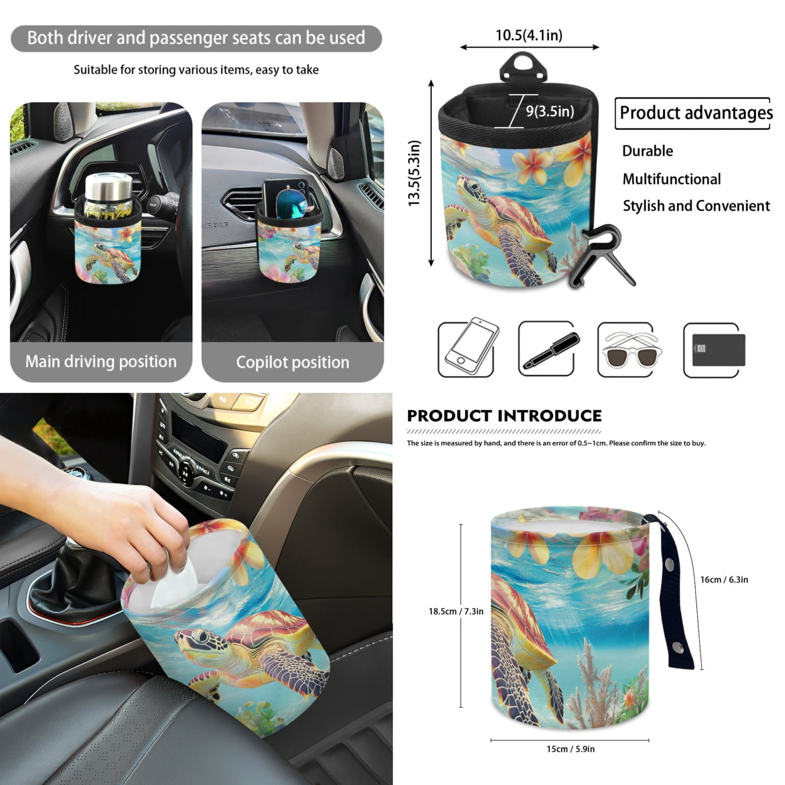 Renewold Sea Turtle Plumeria Starfish Car Front Seat Covers Set 12 Pack, with Steering Wheel Rear View Mirror Cover Seat Belt Pads Armrest Prorector Trash Bin Sunglass Pocket Coasters Key Chain
