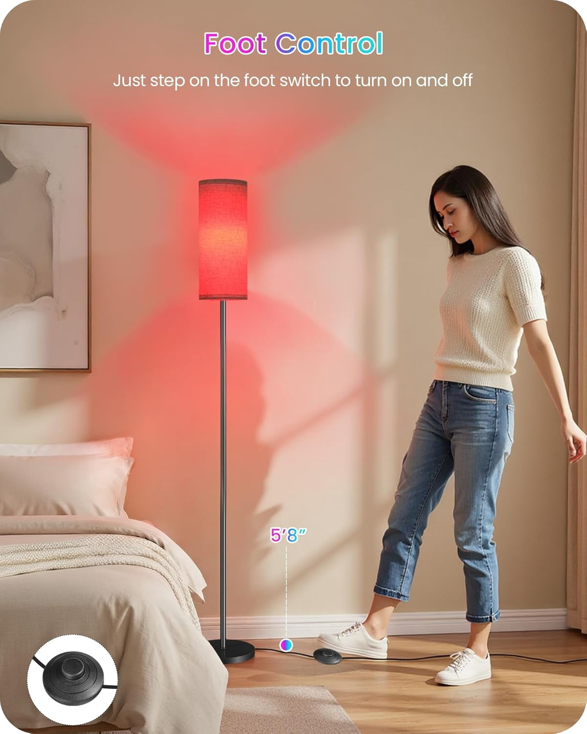 Dimmable RGB Floor Lamp with Color Changing Light, Remote & Foot Switch, Timer, 10W Smart Bulb Included for Bedroom & Living Room