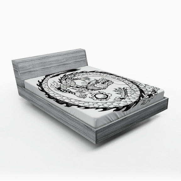 Ambesonne Dragon Fitted Sheet, Japanese, Full Size, White and Black