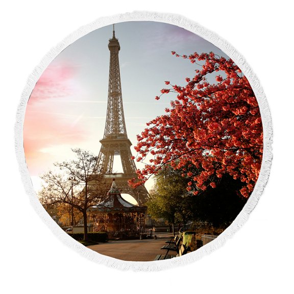 ZKGK Paris Eiffel Tower Round Beach Towel Beach Mats Beach Shawl Beach Blanket with Tassels Beach Throw Towel Yoga Mat