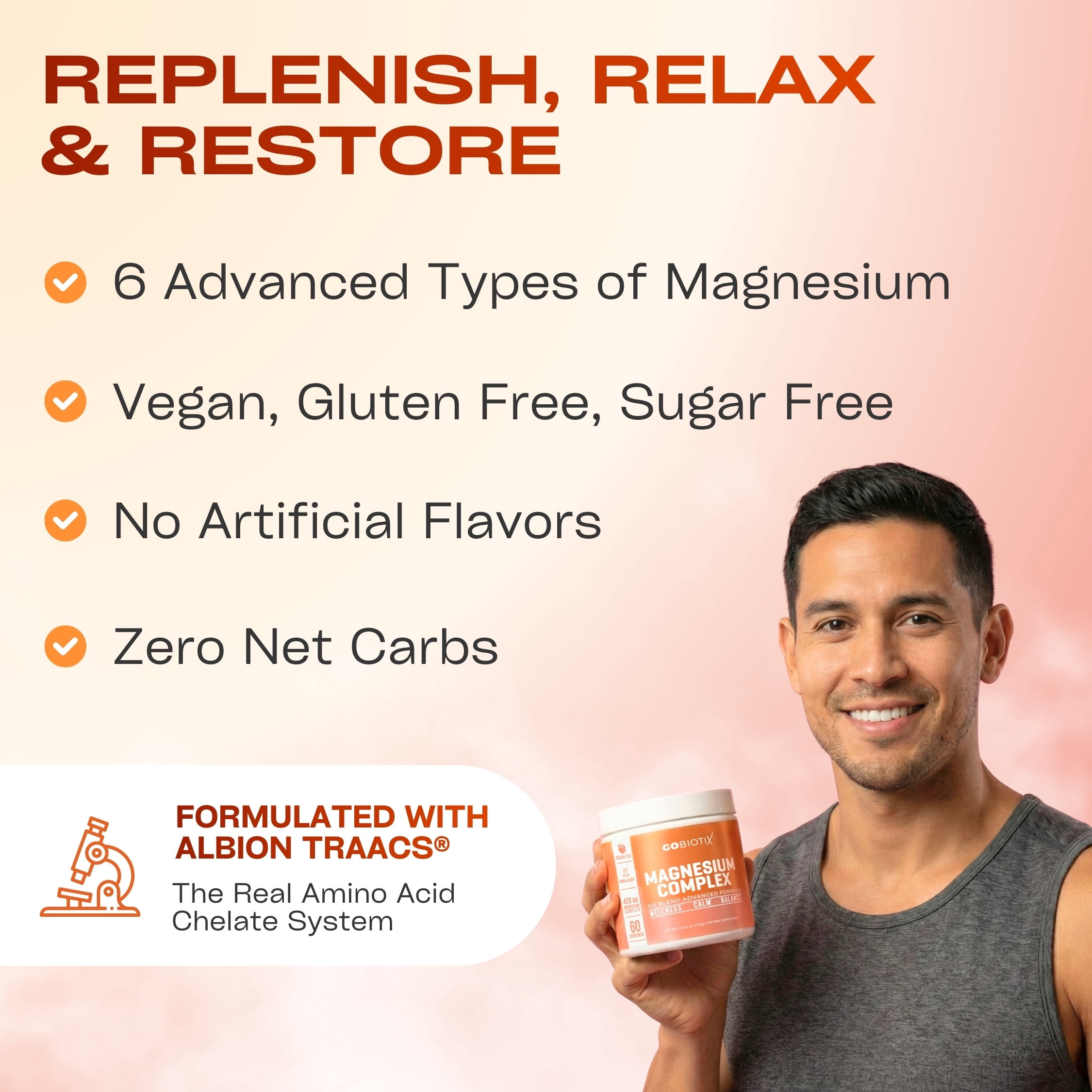 GoBiotix Magnesium Complex Powder with Magnesium Glycinate & Citrate, Peach Tea Flavor, 60 Servings