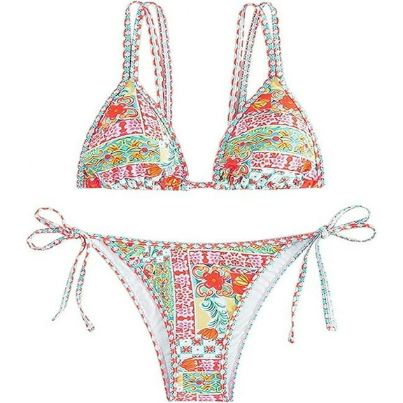 Womens Triangl Bikini 2 Piece Floral Patterned High Waisted Bikini Sets Colorful Top Tong Bathing Suits Bikinis Swimsuit