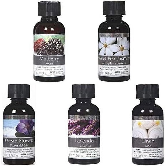 Hosley Set of 5 Fragrance Warming Oils, Mulberry & Sweet Pea Jasmine & Lavender & Ocean Flower & Linen, 55 ML