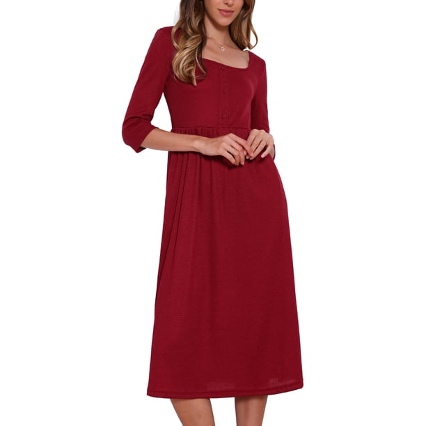 Vestido de punto waffle Inspire Chic para mujeres, con mangas 3/4, escote cuadrado, midi, talla L, rojo oscuro