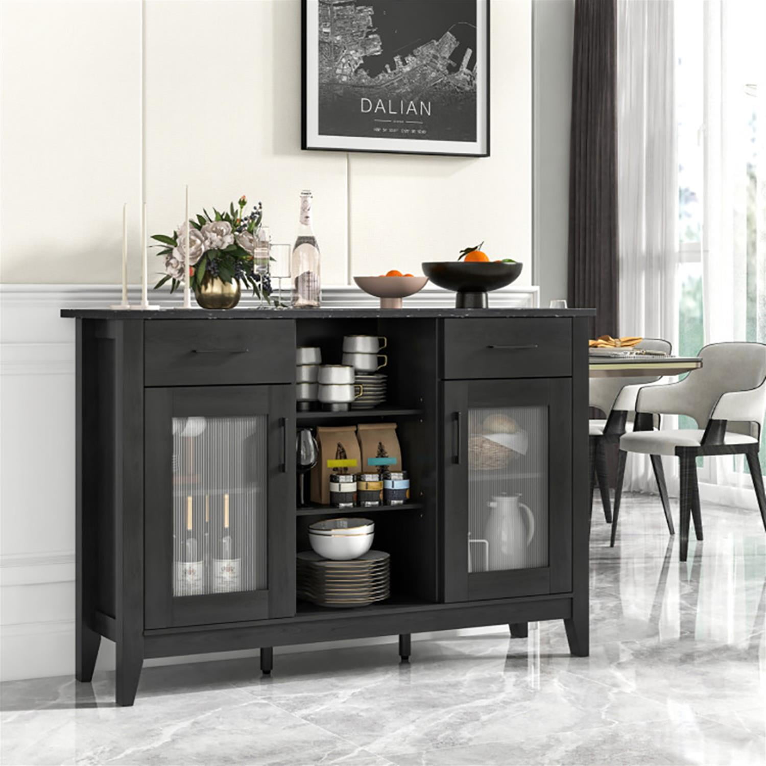 Demi Bonn 52" Sideboard Buffet Cabinet with 2 Drawers and 4 Adjustable Shelves, Kitchen Storage Cabinet, Wood Coffee Bar Buffet Table for Dining Room, Black