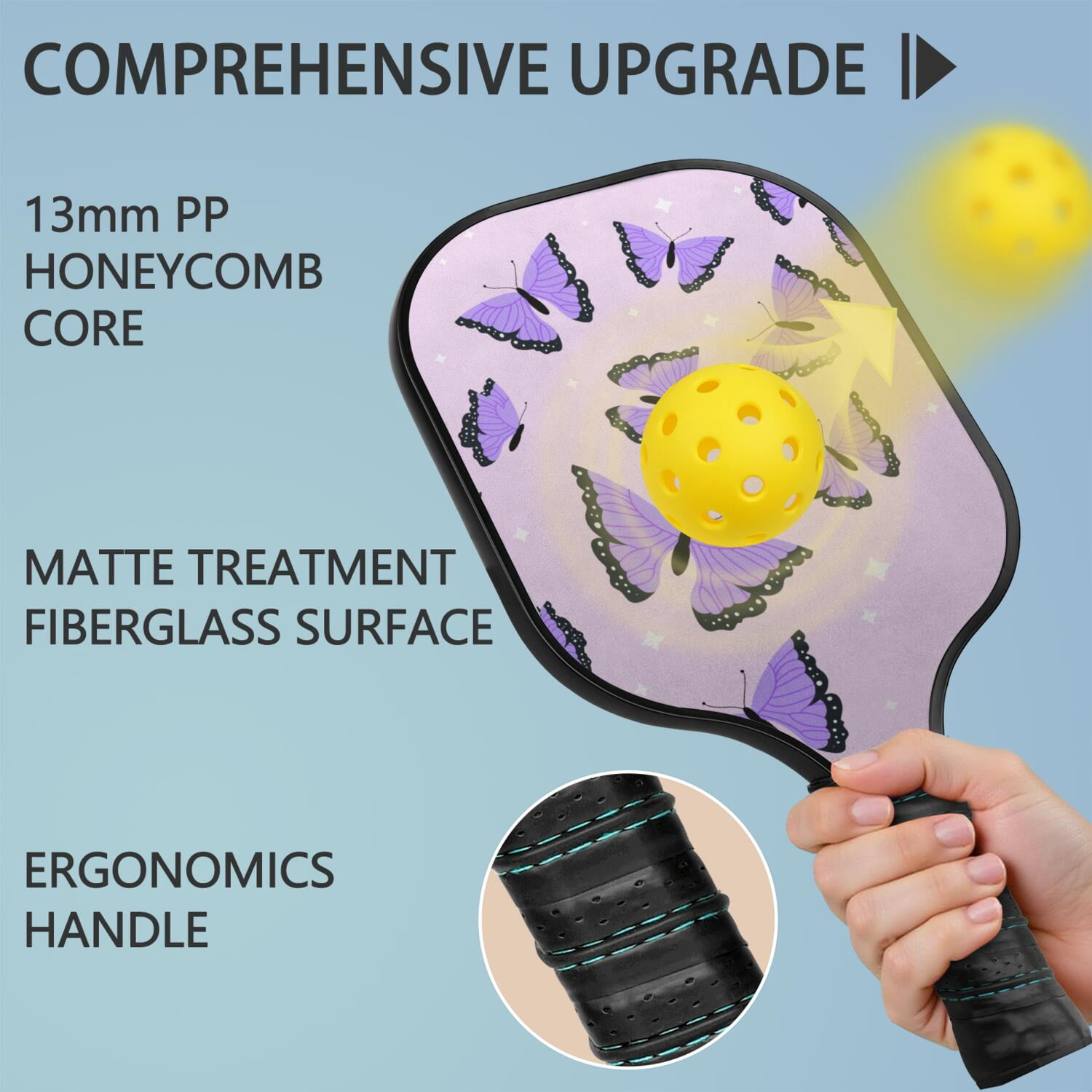 Pickleball Paddles Set Of 1, Fiberglass Surface, Boho Butterfly Decor, 1 Paddle, 2 Balls & Bag