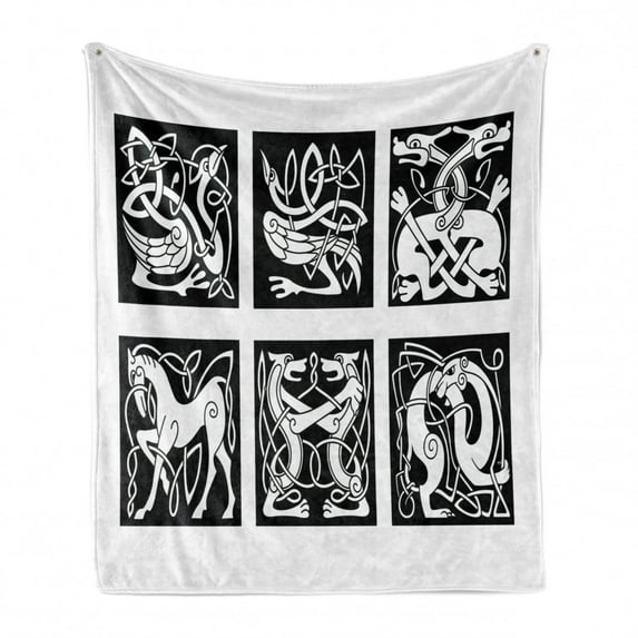 Celtic Soft Flannel Fleece Blanket, Abstract Animal Ornament Pattern in Tribal Style for Tattoo and Culture Design, Cozy Plush for Indoor and Outdoor Use, 50" x 60", Black and White, by Ambesonne