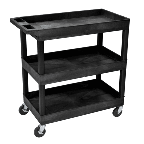 LUXOR EC111-B Heavy Duty Plastic Utility Cart, 32" x 18" Rolling Tub Cart with Three Shelves, 300 lbs. Capacity, Ergonomic Push Handle, Black