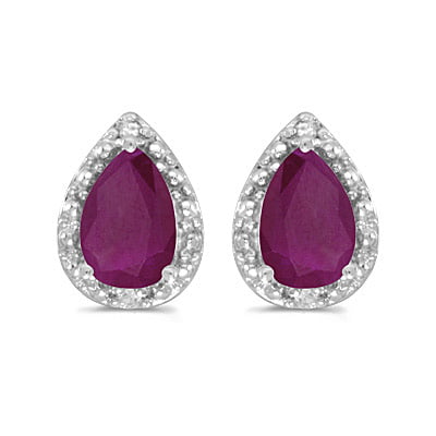 Pear Ruby and Diamond Stud Earrings 14k White Gold (1.50ct)