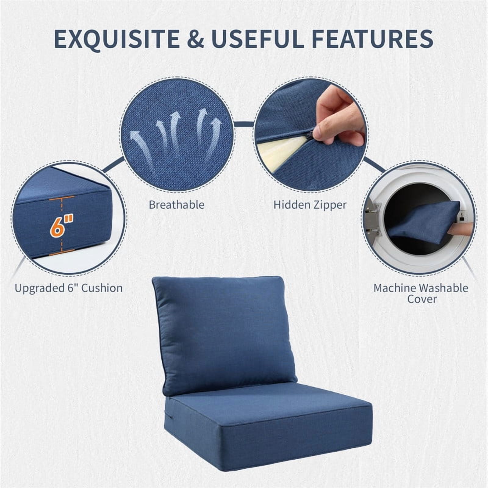 24" x 22" x 6" Outdoor Seat and Back Cushion, Pack of 1, Replacement Furniture Cushions Deep Seating for Patio Sofas Chairs, Blue
