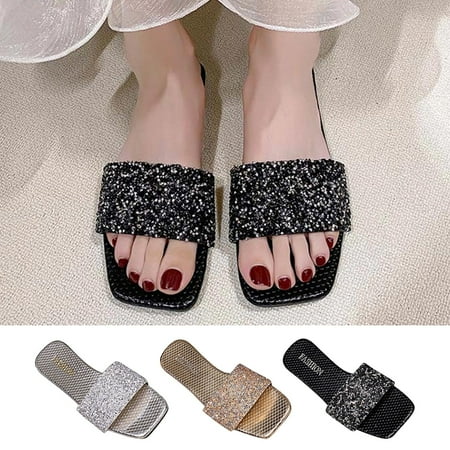 

Cethrio Womens Summer Flats Sandals- on Clearance Flat Slides Sandal Open Toe Wide Width Black Dressy Sandals/ Slides Size 6