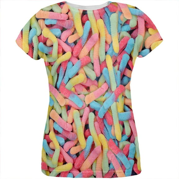 Halloween Sour Gummy Worms All Over Womens T Shirt Multi MD