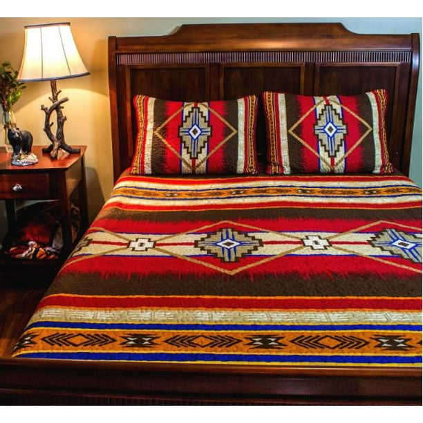 Southwest Red, Turquoise & Brown Native California King Quilt & Shams