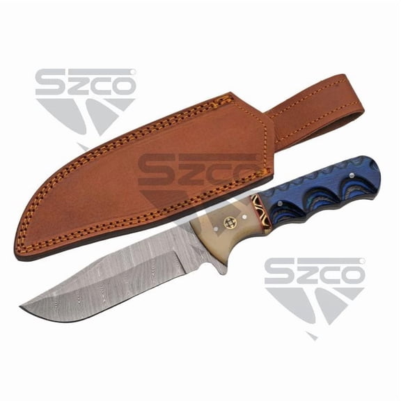 SANZ 9.5-Inch Damascus Knife with Blue Pakkawood Handle, Bone Bolster, Filework Design, and Leather Sheath