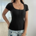 thumbnail image 2 of FRSASU Womens Short Sleeve Sweater Casual Summer Square Neck Button Pullover Tops Ribbed Knit Sweater Blouse Black, 2 of 4
