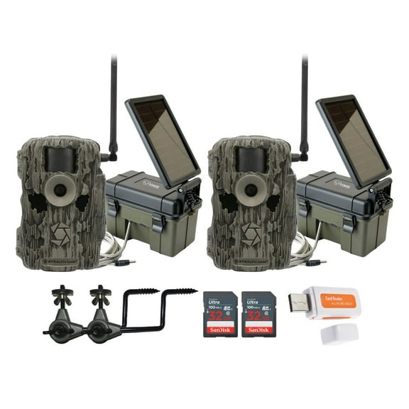 Stealth Cam 36MP Fusion Max Cellular Trail Camera with 80 Feet Detection Range (2-Pack) Bundle with 2x Solar Power Pack, 2x Camera Holder, 2x 32GB Memory Card, and Card Reader (9 Items)