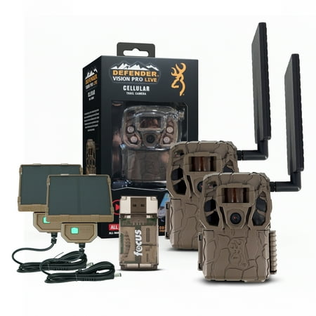 Browning Defender Wireless Vision Pro HD Livestream Trail Camera (2-Pack) Bundle with Solar Camera Power Pack and Card Reader (5 Items)
