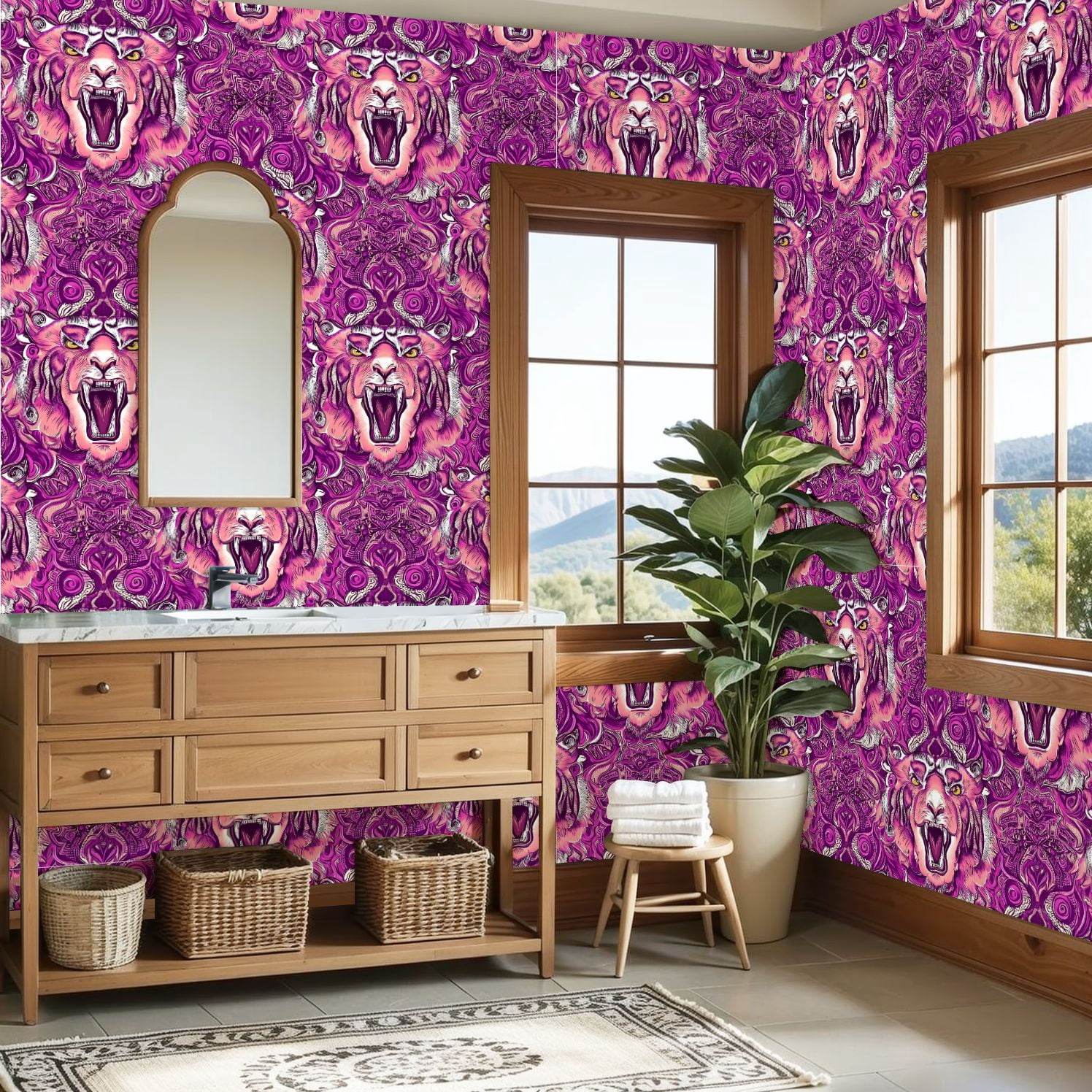 Peel and Stick Wallpaper Bold Tiger Face Pink Purple Mandala Wall Mural 23.6in x 9.8ft Self Adhesive Removable Wall Paper Renter Friendly Wallpaper for Nursery Bedroom Cabinets