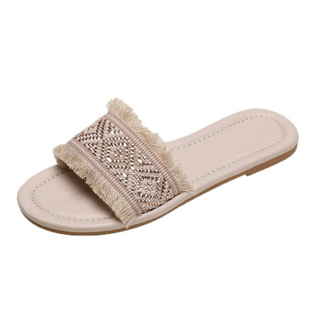 OJSFQUFP Sandals for Women Ladies Beach Cloth Slip On Casual Open Toe Non Slip Flat Breathable Slippers Shoes Sandals Women Slippers Beige 42
