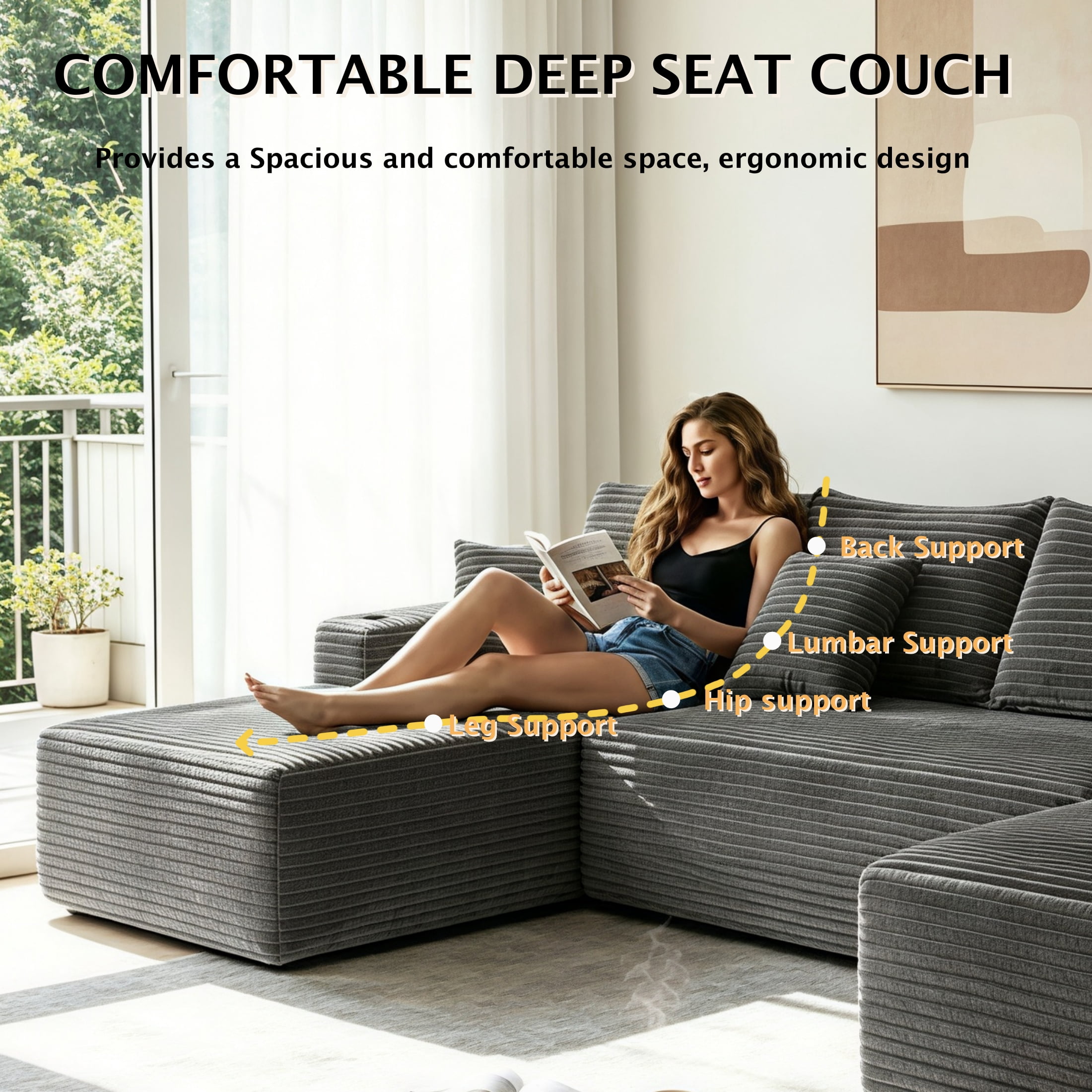 ShiKeyi 134" Modular U-Shaped Cloud Sofa, 5-Seater Corduroy Sectional Couch with Deep Seats Double Chaise & Soft Boneless Design, Gray