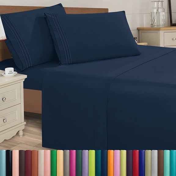 California King Sheet Set - Easy Care Silky Soft Microfiber, Deep Pocket, Wrinkle & Fade Resistant, 4-Piece Bedding, California King, Navy Blue