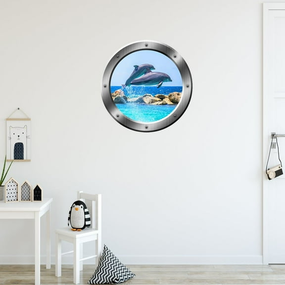 VWAQ Dolphin Wall Decal Dolphins Porthole 3D Wall Sticker Porpoise Decor - SP27 (20" Diameter)