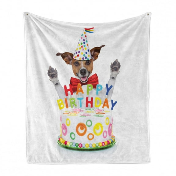 Birthday Party Soft Flannel Fleece Blanket, Funny Jack Russell Dog Appearing as Surprise Behind Colorful Cake, Cozy Plush for Indoor and Outdoor Use, 70" x 90", White and Multicolor, by Ambesonne