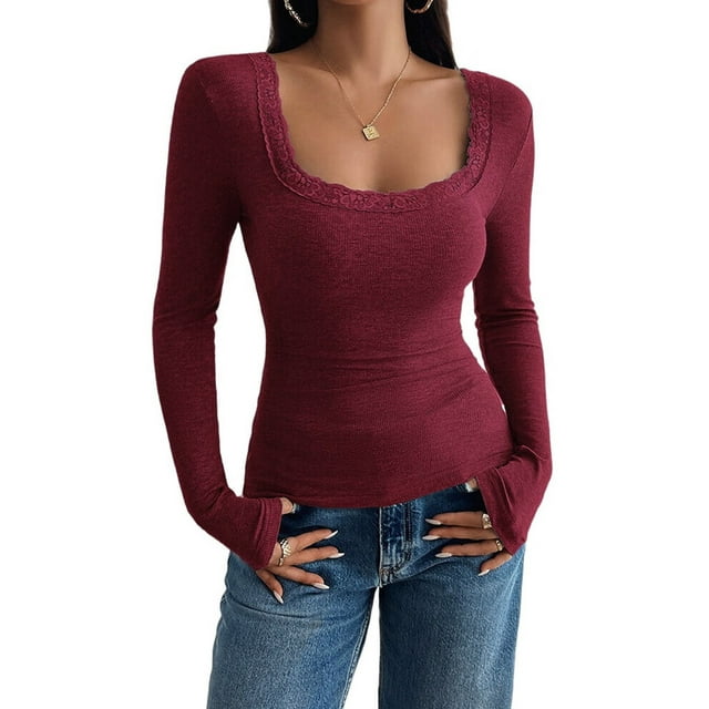 Womens Long Sleeve Shirts Square Neck Ribbed Knit Crop Tops Fall Outfits Fashion Clothes Wine Red M