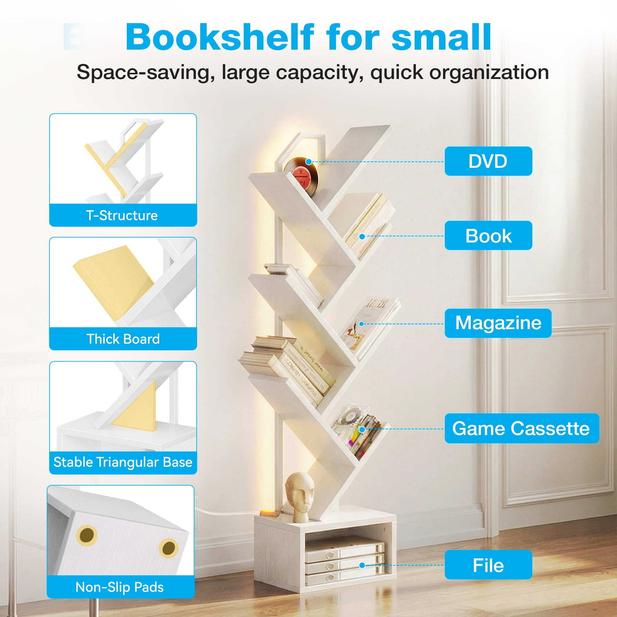 Casacomoda 6 Tier Tree Bookshelf, Bookcase with LED Lights, Display Floor Standing Storage Shelf, Book Organizer Shelves for Home Office, Living Room, White