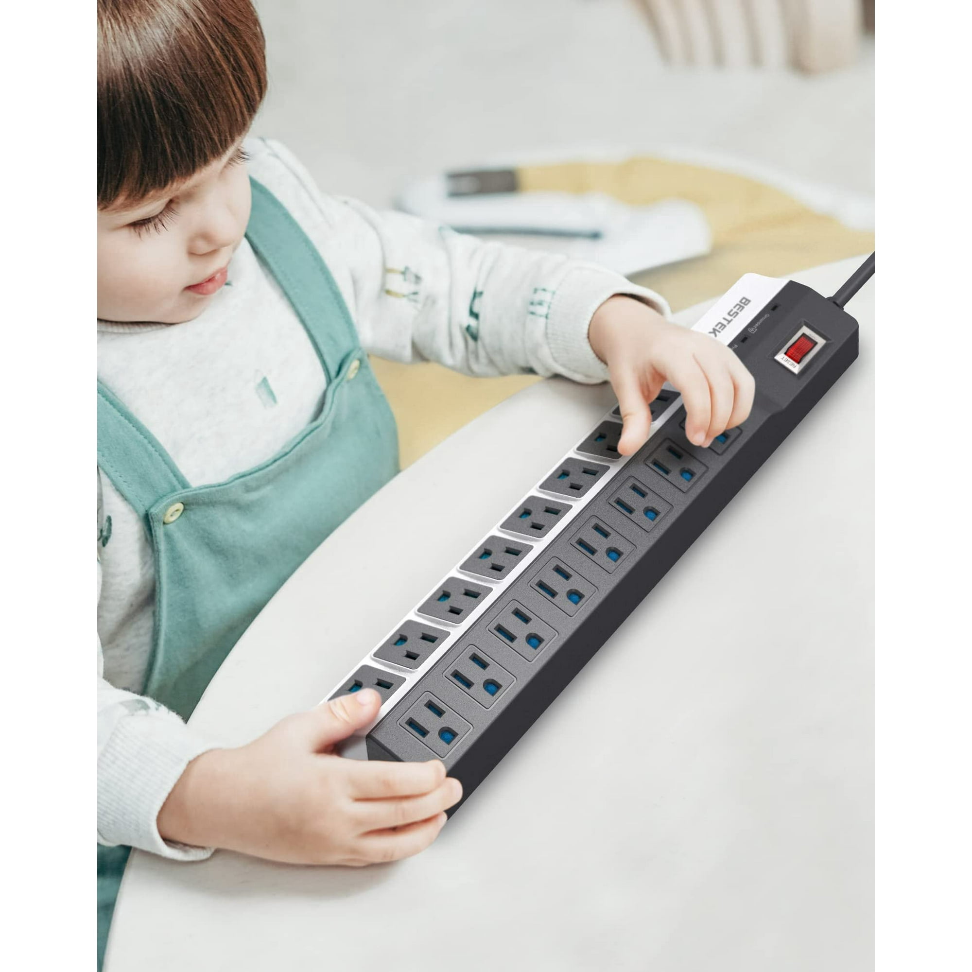 BESTEK 16 Outlet Power Strip Surge Protector with 6Ft Long Extension Cord, 500J, Wall Mount, Wide Spacing Multi Plugs Adapter for 16 AC Outlets, Black