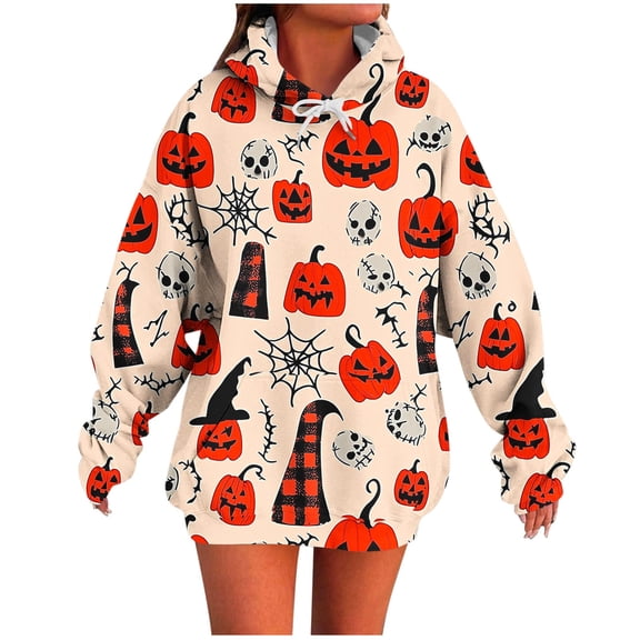 Enjoytime Halloween Hoodies for Women Ghost Printed Long Sleeve Sweatshirt Fall Fashion Cute Vintage Pullover Tops