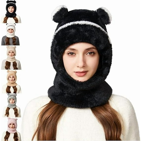 2026 New Bear Mask Cap, Machine Washable Cute Bear Ear Balaclava Cap, Outdoor Windproof Warm One Piece Scarf and Mask Set(Black B-child)