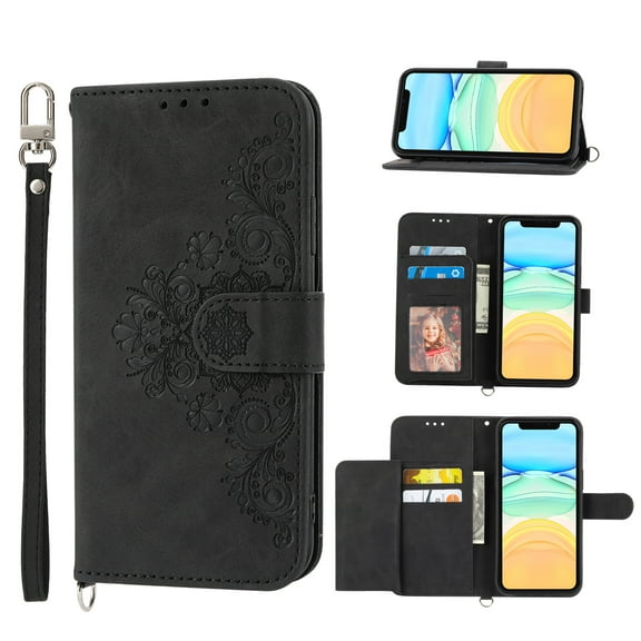 ELEHOLD for Apple iPhone 12 Pro Max Shoulder Crossbody Wallet Case with Card Slots, Floral Embossed PU Leather Wallet Flip Protective Kickstand Wrist Strap Cover, black