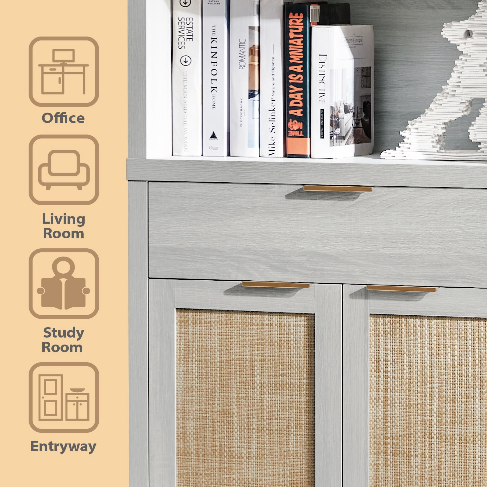 ARKANTOS Rattan Bookcase with Doors, 5 Shelf Adjustable Bookshelf and Storage Cabinet, Mist Oak