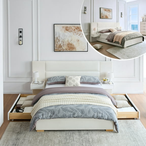 Queen Size Bed Frame Upholstered Platform Bed with Two Large Storage Drawers, Linen Fabric, Wooden Slat Support, Mattress Foundation, No Box Spring Needed, Noise-Free, Easy Assembly, White