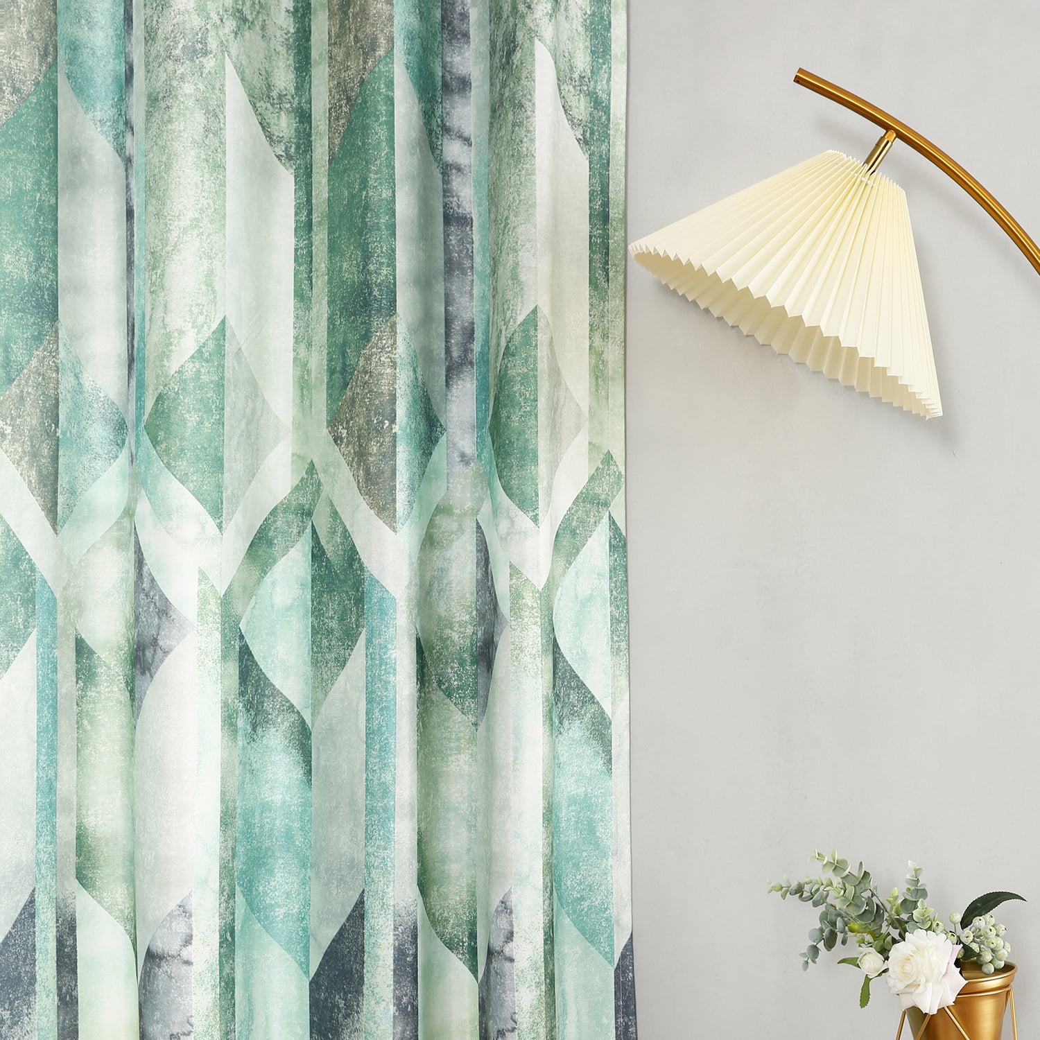VOGOL Geometric Printed Draperies, Grommet, Faux Linen Curtains for Bedroom, 2 Pcs, 52x63inch, Green