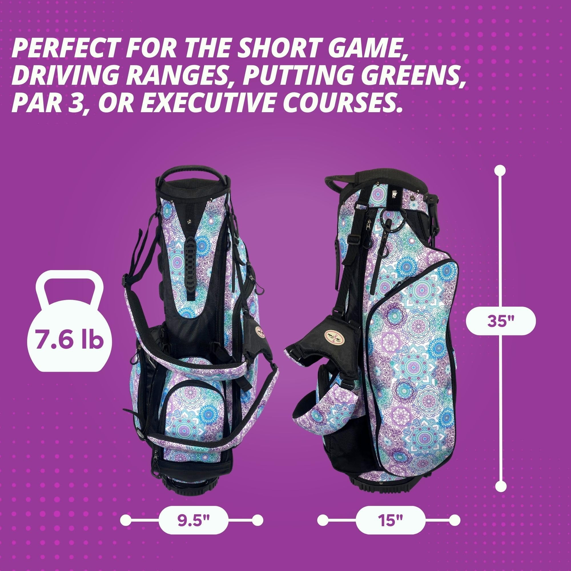 Women's Lightweight 4-Way Women's Golf Stand Bag | Taboo Fashions Stand Bag | Range Bag, Par 3, Executive Course | Self Flexing Stand, Adjustable Strap (Mandala Dreams)