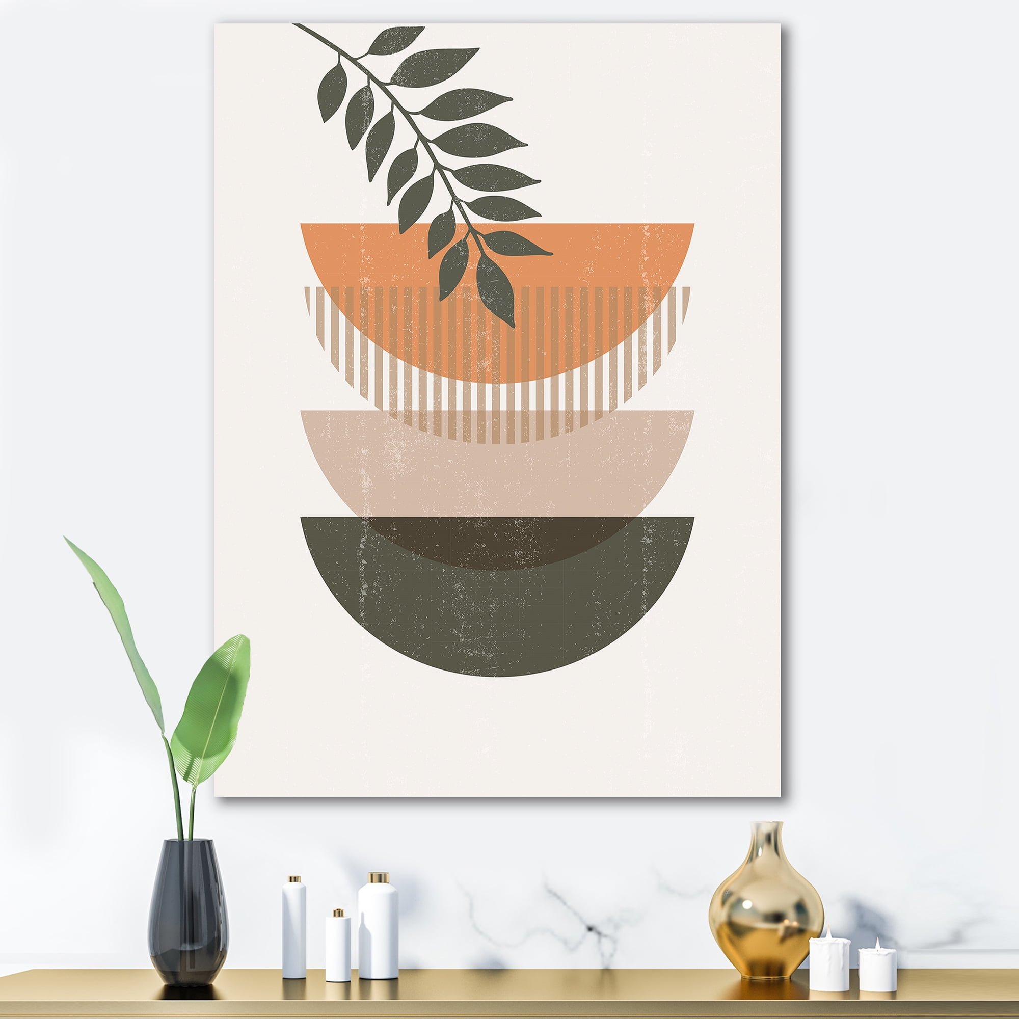 Abstract Geometrical Moon and Sun With Leaf II 8 in x 12 in Painting Canvas Art Print, by Designart