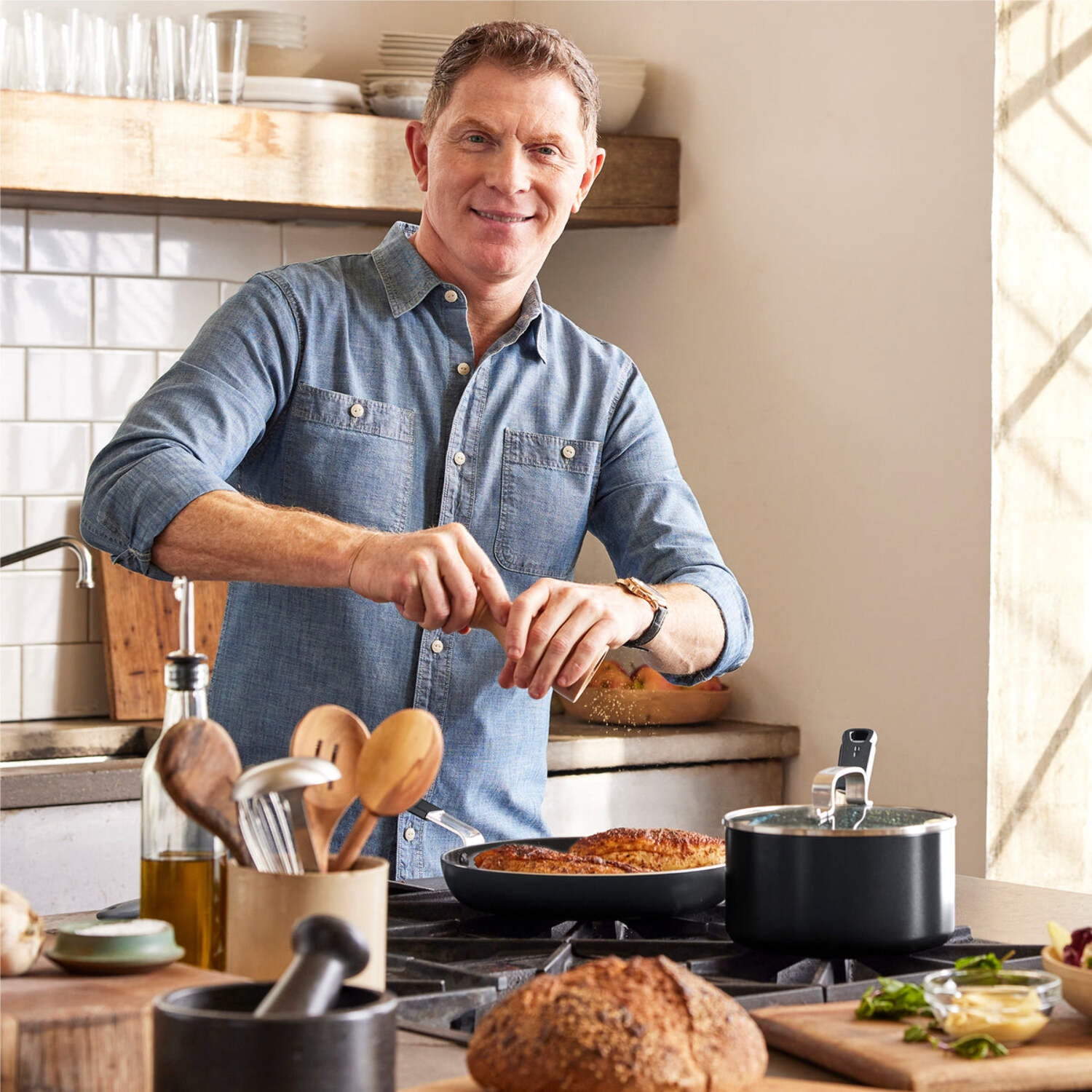 GreenPan x Bobby Flay 13 Piece Cookware Pots and Pans Set, Professional Grade Aluminum, Ceramic Nonstick, Induction Suitable, Stay-Cool Silicone Handle, Dishwasher & Oven Safe, Black
