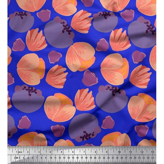 Soimoi Blue Cotton Voile Fabric Poppy Floral Printed Fabric 1 Yard 56 Inch Wide