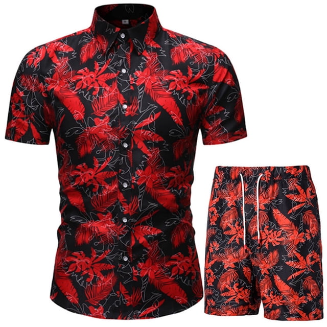 Birdeem Men Print Buttons Short Sleeves Casual Beach T-Shirt Tops Lacing Shorts Set