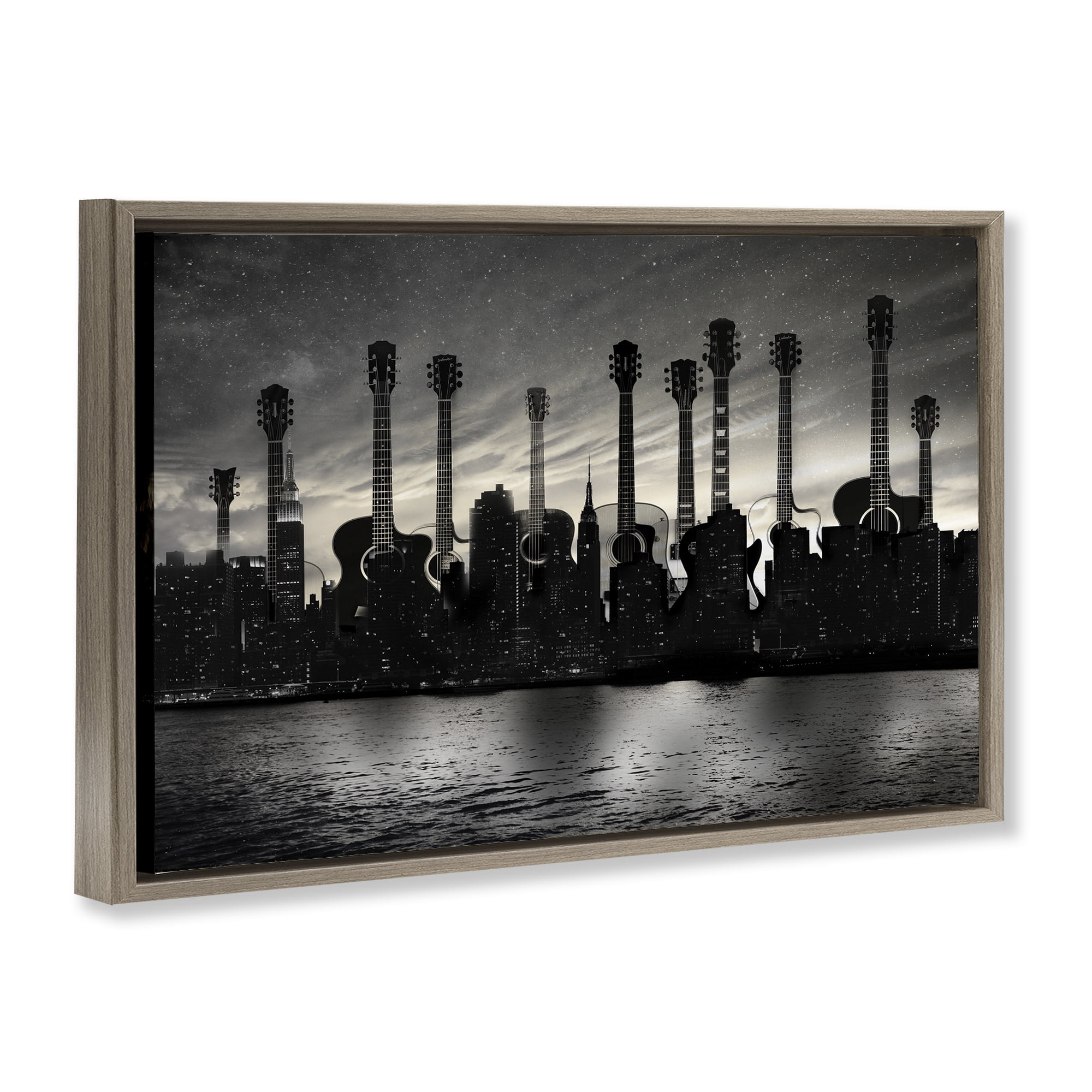 Stupell Industries Guitar Skyline Cityscape Brown Framed Floater Canvas Wall Art, design by CAD Designs