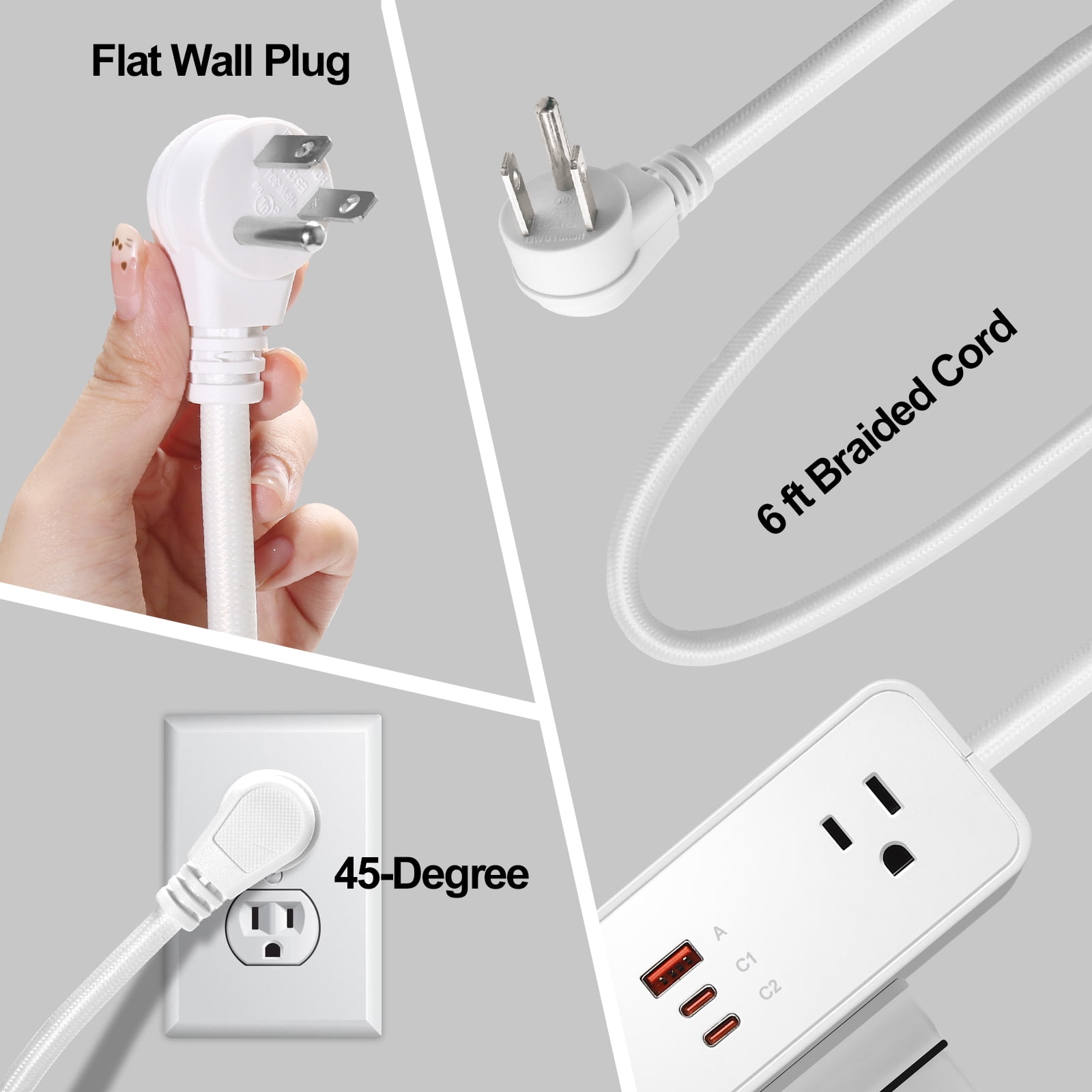 Desk Clamp Power Strip USB C 65W, Desktop Edge Mount Fast Charge Station 3 PD USB Port 2 AC Outlets 6ft Braided Extension Cord Flat Plug Fit Max 3.26’’ Tabletop Edge for Gaming Office Table