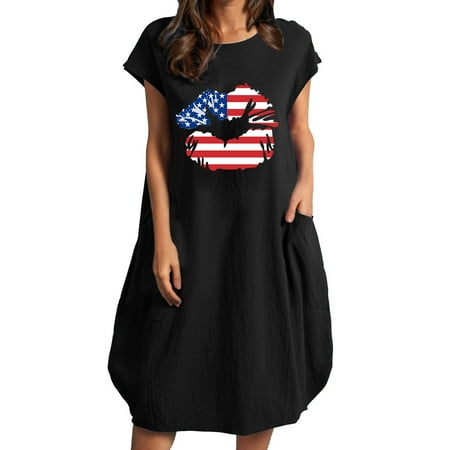 

Qufokar Temperament Bra Womens Maternity Dresses Ladies Printed Loose Short Sleeve Dress for Women Summer Round Neck Dresses With Pocket July 4Th Usa Flag Cotton Linen Loose Dress